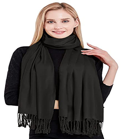 CJ Apparel Solid Color Tassels Design Nepalese Shawl Scarf Wrap Stole Throw Head Wrap Pashmina Gift Hand Made in Nepal New - color: Black
