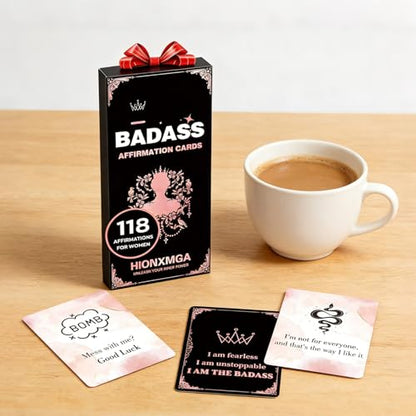 HIONXMGA Badass Affirmation Cards for Women, 60 Double Sided Inspirational and Motivational Cards, 118 Unique Positive Quotes for Daily Self Care, Empowering Gifts for Women, Friends & Coworkers