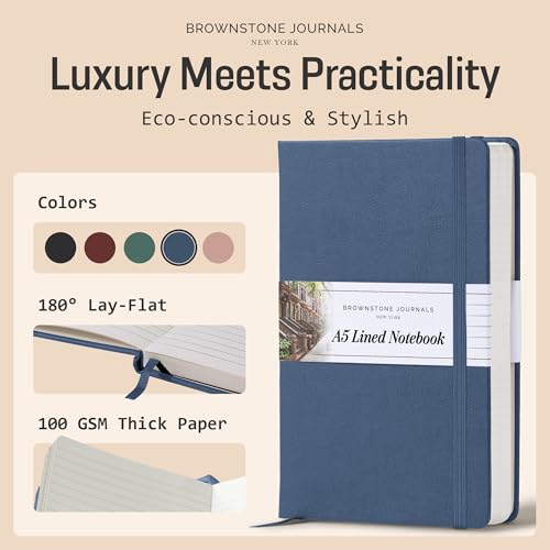 BROWNSTONE JOURNALS A5 Hardcover Lined Journal 5"x8" - Notebook for Work & Writing, 160 Pages Thick 100 GSM Paper, Lay Flat Binding, Elastic Band, Ribbon Bookmark (Symphony Blue) - color: Symphony Blue