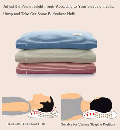 Buckwheat Pillows for Sleeping, Adjustable Hulls Firm Pillow Neck Head Back Shoulder Support for Pain Relief, Small Bed Pillow for Side Back Sleepers, Blue 19"X11"