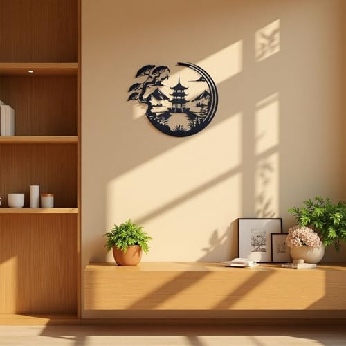 Japanese Bonsai Pagoda Metal Wall Art - Black Zen Asian Decor for Living Room, Bedroom & Office,lack Asian Inspired Wall Decor with Mountain and Tree Design, Wall Sculpture (11.8 x 9.8 Inches)