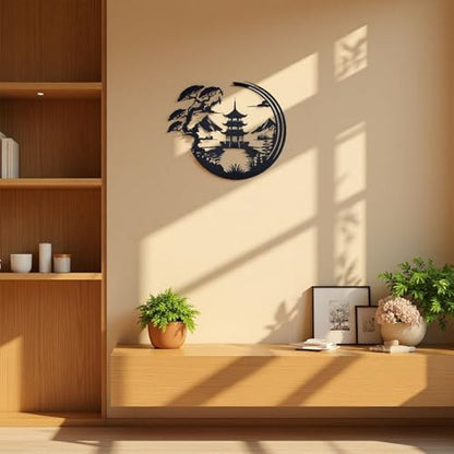 Japanese Bonsai Pagoda Metal Wall Art - Black Zen Asian Decor for Living Room, Bedroom & Office,lack Asian Inspired Wall Decor with Mountain and Tree Design, Wall Sculpture (11.8 x 9.8 Inches)