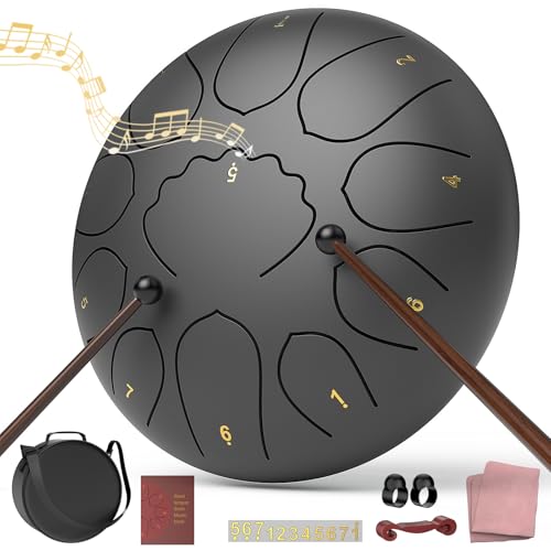 Rain Drum for Outside Garden, 8 Inches 11 Notes Steel Tongue Chakra Drum, Waterproof Meditation Rain Chime, Musical Instruments for Adult Gift with Bag, Music Book, Mallets (Black) - color: Black, size: 8 Inches