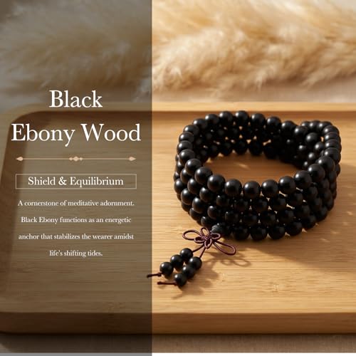 Nupuyai Natural Wood Wrap Bracelet for Women and Men, 108 Prayer Mala Beads Tibetan Necklace for Unisex Elastic Meditation Yoga Jewelry - color: Ebony Wood(8mm)