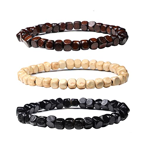 3 Pcs 5mm Wood Beads Bracelet for Men Women Elastic Stretch Mala Prayer Meditation Wristband