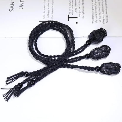 Natural unprocessed crystal raw stone hand woven rope adjustable necklace pendant for both men and women - color: C-3pcs Tourmaline