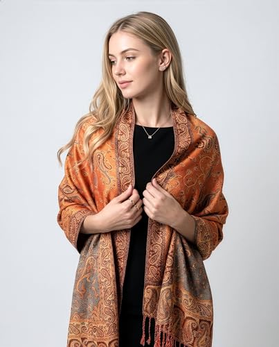 Achillea Reversible Paisley Pashmina Rave Scarf – Exotic Indian Shawls and Wraps for Evening Dresses, Festivals, All Seasons - color: Orange