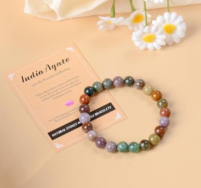 AD Beads Handmade Gemstone Stretch Elastic Bracelet Crystal Healing Reiki Nature's Beauty and Spiritual Essence Unisex - color: Indian Agate, size: 4mm
