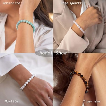 FIRAZIO 12PCS 6mm 8mm Gemstone Beaded Bracelets for Women Semi-Precious Natural Crystal Bracelets Round Beads Gemstones Stretch Bracelet Jewelry Gift - style: 8MM