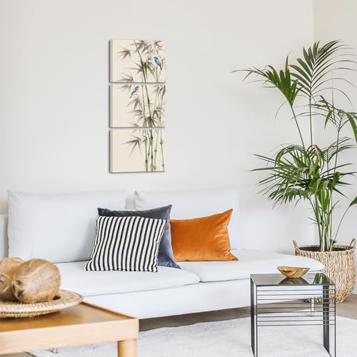 KREATIVE ARTS 3 Piece Bamboo Canvas Wall Art Set Zen Print with American Robin Bird Chinese Painting Triptych Botanical Plant Artwork Asian Wall Decor for Yoga Spa Each Panel 12x16