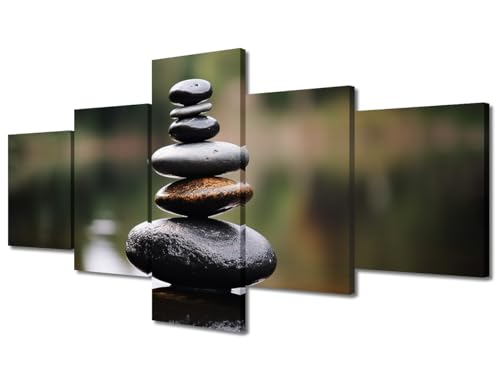 Stack of Rocks in Water Painting Zen Pictures Wall Art 5 Pieces Canvas Wall Art Minimalistic Zen Stone Artwork Living Room Home Decor Framed Ready to Hang, 50" Wx24 H - color: Artwork-13, size: 50"Wx24"H