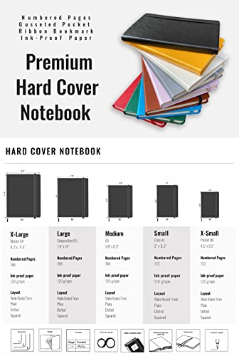 Premium Hard Cover Notebook Journal, X-Large Size, Master A4 8.3" x 11.4", 186 Numbered Pages, Gusseted Pocket, Ribbon Bookmark, Extra Thick Ink-Proof Paper 120gsm (Plain, Black)