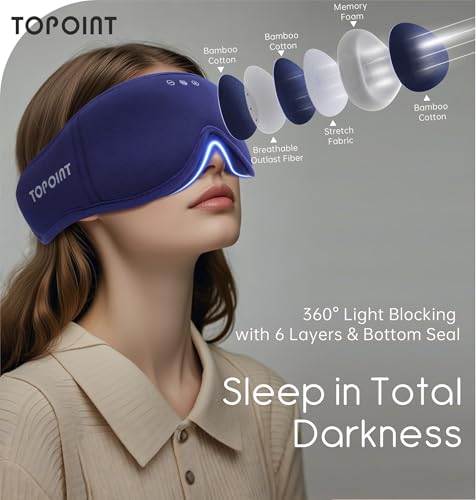 Sleep Mask with Headphones Bluetooth 5.4, TOPOINT 3D Eye Mask Blackout with Soft Bamboo Cotton for Side Sleepers Women Men, Sleep Headphones Earphones HD Speaker Microphone for Travel Meditation Gift - color: Blue