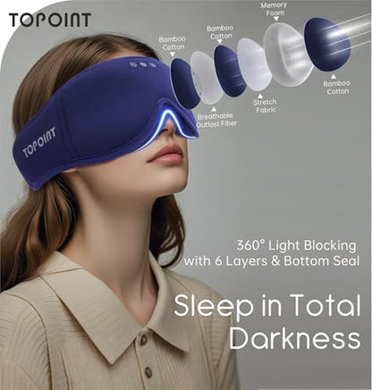 Sleep Mask with Headphones Bluetooth 5.4, TOPOINT 3D Eye Mask Blackout with Soft Bamboo Cotton for Side Sleepers Women Men, Sleep Headphones Earphones HD Speaker Microphone for Travel Meditation Gift - color: Blue
