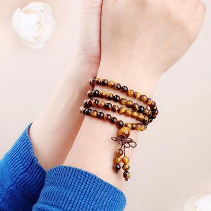 AD Beads 6mm 8mm 108 Prayer Mala Jasper Elastic Bracelet - Handmade Yoga Meditation Healing Power Energy Gifts for Unisex Adult. - color: Yellow Tiger's Eye(Courage)