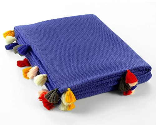 100% Cotton Blanket - Soft, Smooth, Durable Throw for Sofa, Couch, Bed - Pique Weave Style with Pom Pom Decor - Cotton Blankets Queen Size - Ideal for Twin Bed Too (Indigo Blue) - color: Indigo Blue