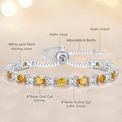 Sterling Silver Birthstone Bracelets for Women White Gold Tennis Bracelets Adjustable Chain 6-9 Inchs Jewelry Hypoallergenic Anniversary Birthday Gifts for Women Mom Wife Her - color: 11-Citrine