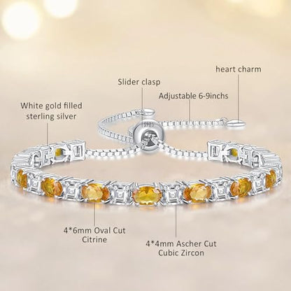 Sterling Silver Birthstone Bracelets for Women White Gold Tennis Bracelets Adjustable Chain 6-9 Inchs Jewelry Hypoallergenic Anniversary Birthday Gifts for Women Mom Wife Her - color: 11-Citrine