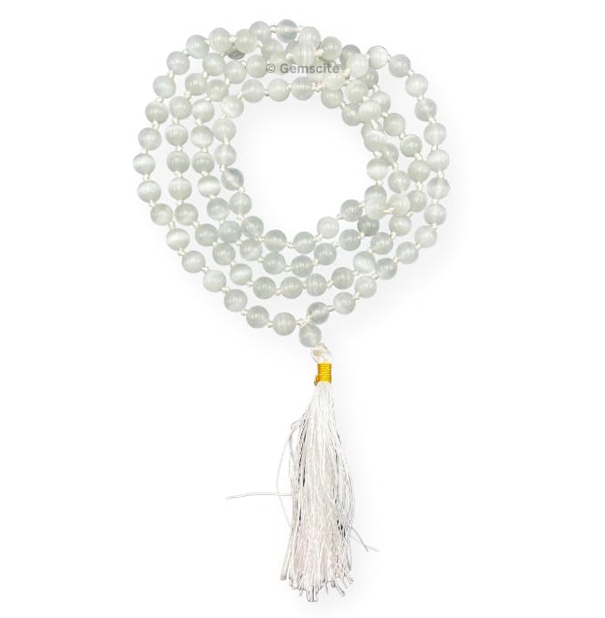 GEMSCITE Japa Mala 108 Prayer Beads Perfect for Meditation Spiritual Mala Necklace & Wrist Mala Bracelet - color: Selenite, size: Hand Knotted