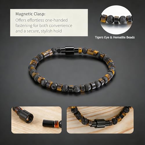 TRUMIUM Beaded Bracelets for Men Women Natural Hematite 6mm Tiger Eyes Mens Bracelet Gemstone Jewelry for Him 7.5/8.3/9 Inch Length