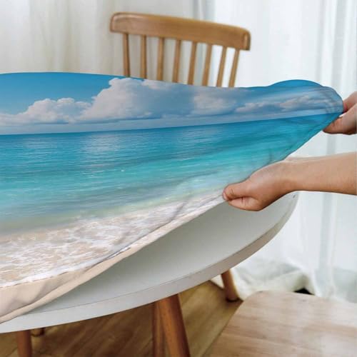 Seascape Round Table Cloth Ocean Wave Beach Clouds Coast Sky Sea Nature Sunny Scenic Elastic Edged Table Cover Fade and Stain Resistant Table Cloths Easy to Clean Fits Tables 40-44" Diameter - color: Seascape
