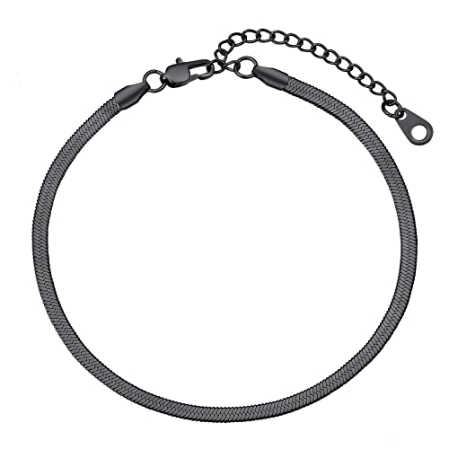 FindChic Elegant Herringbone Snake Chain Anklets/Bracelets 3MM/5MM Width Stainless Steel/18K Gold/Rose Gold Plated/Black 4 Color Options, 8.3'' 8.5'' 10.5'' Length, with Gift Box - color: A: 3mm 8.5'' anklet (Black)
