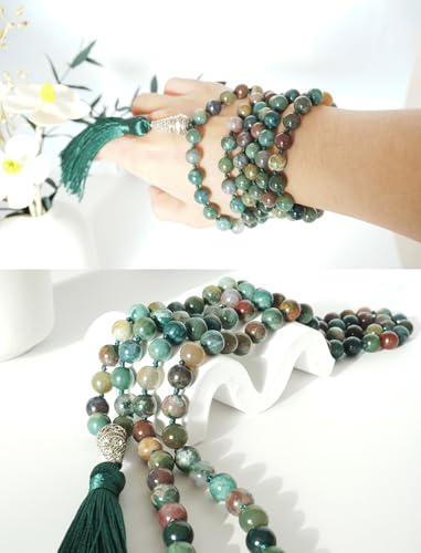 Mala Beads 108 Handmade Necklace,Natural Indian Agate Turquoise Amethyst with Alloy Guru Bead and Tassel,43.2 Inches for Prayer,Meditation,Yoga - color: Indian Agate