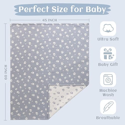 NTBAY 3 Layer Oversized Muslin Cotton Toddler Blanket, Jacquard Reversible Nursery Bed Blanket, Super Soft and Thermal for All Seasons, Baby Gift, 45"x60", Blue Elephant - color: Blue Elephant, size: 45x60 Inch (Pack of 1)