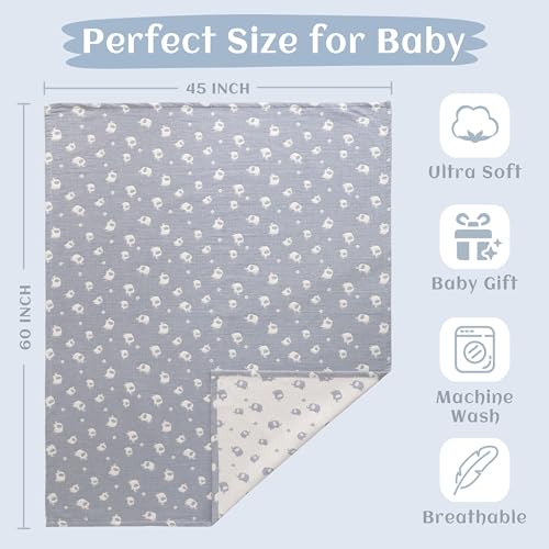 NTBAY 3 Layer Oversized Muslin Cotton Toddler Blanket, Jacquard Reversible Nursery Bed Blanket, Super Soft and Thermal for All Seasons, Baby Gift, 45"x60", Blue Elephant - color: Blue Elephant, size: 45x60 Inch (Pack of 1)