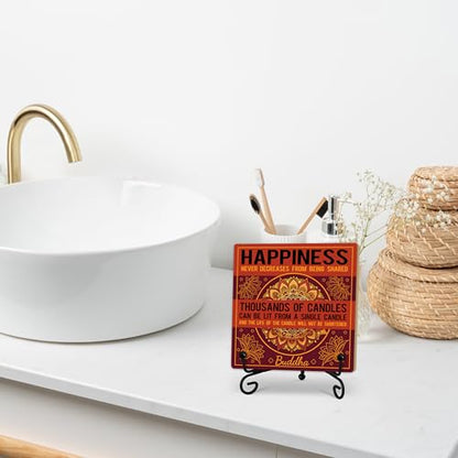 Buddha Happiness Quote Desk Decor, Funny Office Inspirational Gifts for Family Friends, Meditation Room Tabletop Decor, Zen Home Office Wooden Plaque Sign with Stand (J03) - style: Happiness