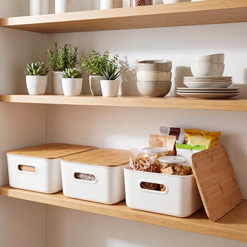 Citylife Storage Bins with Bamboo Lids 16QT Plastic Storage Containers Stackable Organizer Boxes with Handle for Desk Snacks, Toys, 2 PCS, 15" L x 10.6" W x5.8 H - size: Large, style: 2 Pack
