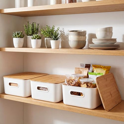 Citylife Storage Bins with Bamboo Lids 16QT Plastic Storage Containers Stackable Organizer Boxes with Handle for Desk Snacks, Toys, 2 PCS, 15" L x 10.6" W x5.8 H - size: Large, style: 2 Pack