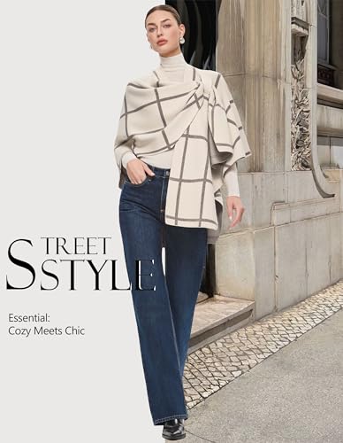 PULI Womens Elegant Cross Front Shawl Wraps Knitted Ponchos Cape Light Weight Poncho Sweater Soft Warm Travel Wraps - color: Classic Check-cream and Oatmeal