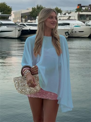 Women Chiffon Cape Shawls and Warps for Evening Dress Wedding Sheer Mesh Flowy Capelets Top - color: A-blue, size: Large