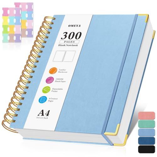 Blank Spiral Notebook: Sketch Book 8.5" X 11", Hardcover Sketchbook, 300 Pages Leather Unlined Notebook for Women Men,100GSM Thick Paper Journal, A4 Large Art Sketchbook for Drawing Work, Light Blue - color: Light Blue, size: A4