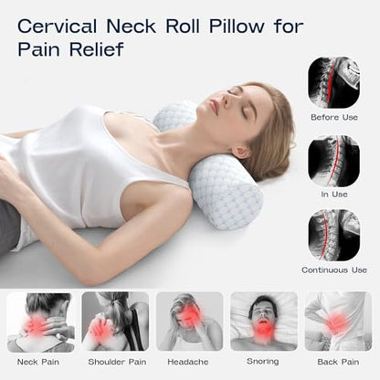 Neck Roll Pillow for Neck Pain Relief - Memory Foam Neck Support Pillow for Bed | Round Neck Pillow for Sleeping, 15.7 * 6 * 6 inch (Cool-Blue)
