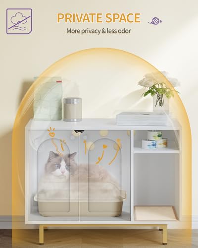 Hzuaneri Cat Litter Box Enclosure,Hidden Litter Box Furniture with Storage, Large Wooden Cabinet with Sisal Mat, Modern Cat Washroom for Living Room, Bedroom, Entryway, White and Gold 01503GCLB - color: White and Gold
