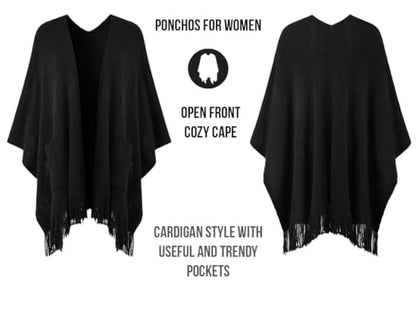 Ferand Shawl Wraps for Women, Cozy Lightweight Poncho Cape with Pockets, Warm for Fall Winter Travel - color: Black