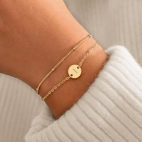 MONOZO Gold Initial Bracelets for Women Girls Jewelry Gifts Trendy - Dainty 18K Gold Plated Disc Monogram Letter A-Z Initial Bracelets for Women Girls Teens Personalized Letter Bracelet Birthday Gifts - color: Gold, style: I