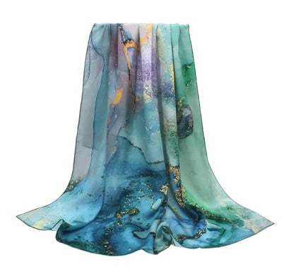 ANDANTINO 100% Silk Scarf 43" Large Square Lightweight Headscarf& Shawl–Women Hair Wraps-With Gift Packed - color: Light Green&blue