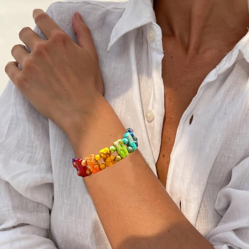Yomisa Boho Beaded Bracelets for Women,Natural Chakra Turquoise Stone Jasper Bead Bracelet for Womens,Bohemian Handmade Stretch Beads Friendship Bracelets,Healing Trendy Western Jewelry Gifts - color: Chakra
