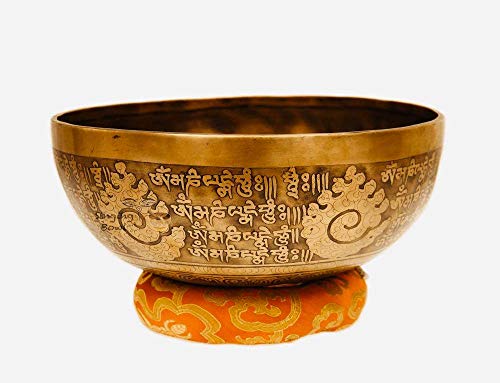 11" Healing Mantra Carved Buddha Tibetan Singing Bowl, Hand Hammered Nepal Yoga Singing Bowls with Cushion & Mallet Striker