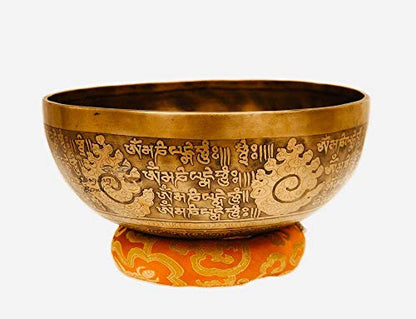 11" Healing Mantra Carved Buddha Tibetan Singing Bowl, Hand Hammered Nepal Yoga Singing Bowls with Cushion & Mallet Striker