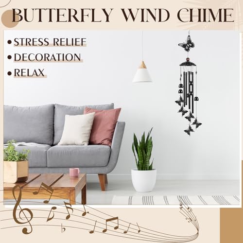 35" Christmas Butterfly Wind Chimes for Outside Garden Decor with 4 Aluminum Tubes and 6 Charming Bells for Patio Porch Yard Decor, Christmas Gifts for Women Mom Grandma(Black)