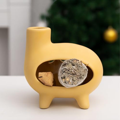 MOUGIGI Elegant Handcrafted Ceramic Palo Santo Burner-Yellow Terracotta Footed Incense Holder for Meditation,Compatible with Wood Sticks,Sage,Ash&Cones-Mini Aromatic Home Altar with Chimney Design - color: Matte Clay - Footed Yellow