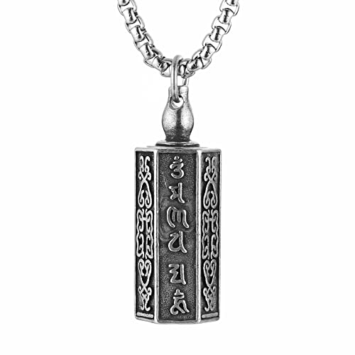 HZMAN Tibetan Buddhism Meditation Stainless Steel Pendant Commemorative Cremation Ashes Pill Cylinder Container Necklace 22+2 Inch Chain