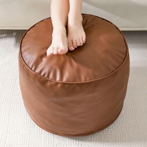 HIGOGOGO Round Stuffed Pouf Ottoman, Pu Leather Poufs with Foam Chunk Filling, Furry and Fluffy Pouf Foot Stool Storage Ottoman, 20 X 15 Floor Poufs Foot Rest for Living Room,Brown - color: Brown, size: 20"D x 20"W x 15"H