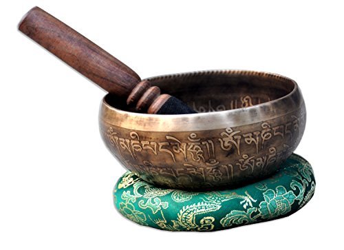 TM THAMELMART FOR BEAUTIFUL MINDS 4" Mantra Carved Buddha Tibetan Singing Bowl, Hand Hammered Nepal Yoga Singing Bowls with Om Tingsha Mallet & Silk Cushion