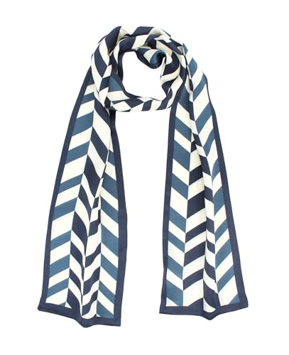 100% Silk Scarf for Women 59”*6.3” Long Shawls for Headscarf and Neck- Oblong Hair Wraps with Gift Packed - color: White&blue Geometry
