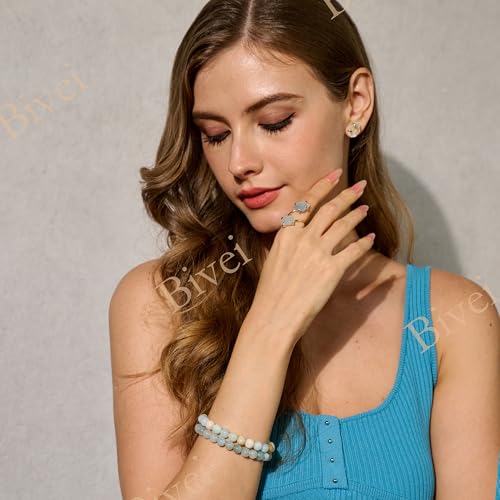 Bivei 8mm Beaded Bracelets for Women Handmade Semi Precious Natural Stone Stretch Elastic Jewelry Yoga Protection Gifts - color: Aquamarine - Calmness, size: Medium 6.8-7.3 inch